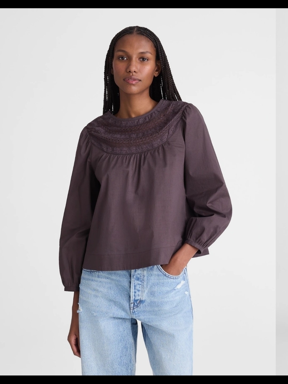 Madewell Chocolate Plum Lace-Insert High-Neck Top Small NWT